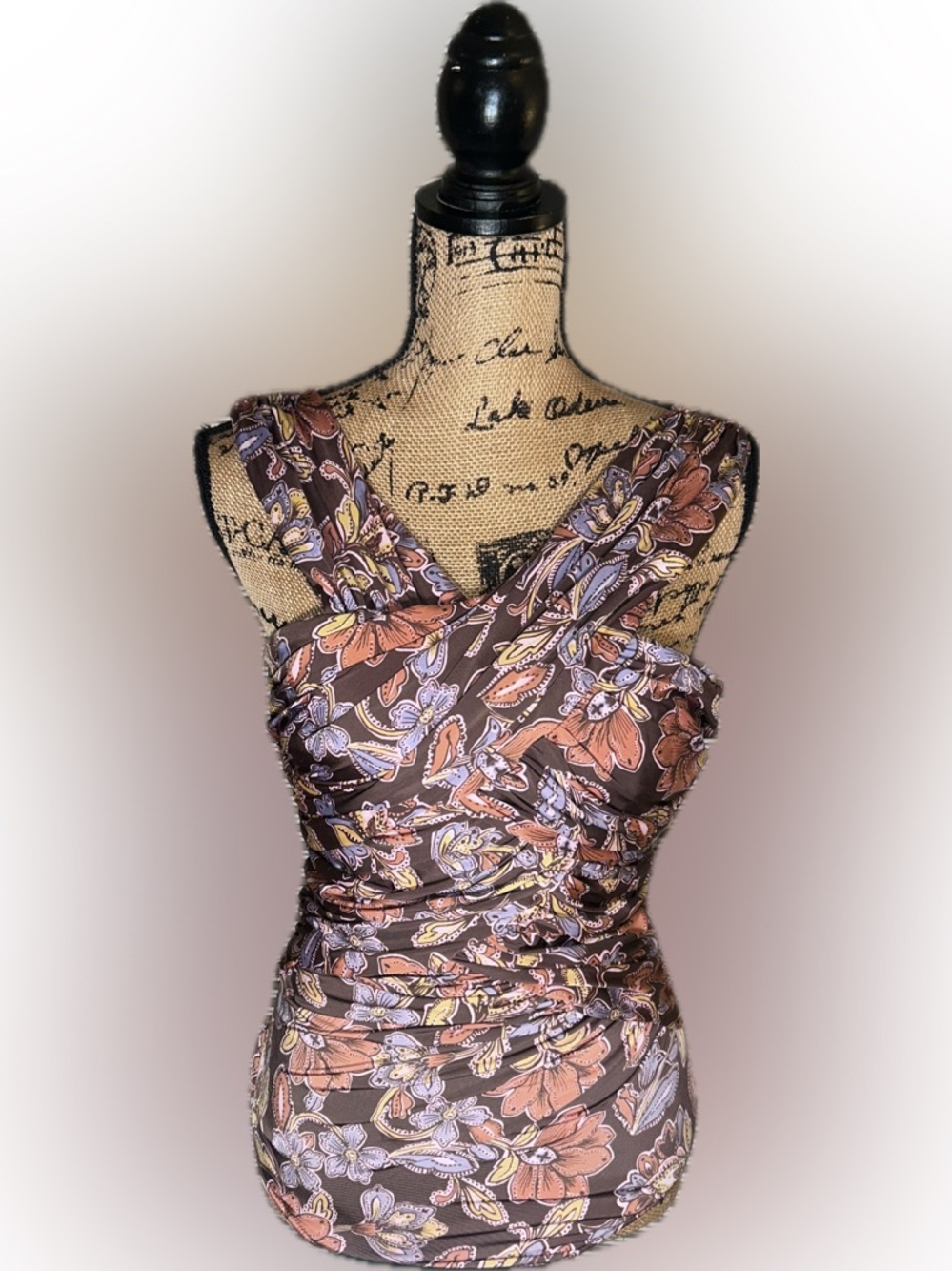 Garnet Hill Brown Floral Ruched Cross-Front Draped One Piece Swimsuit Bathing 12